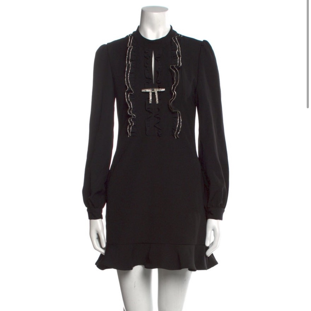 Self Portrait Black Long Sleeve Dress With Rhinestone Ruffle